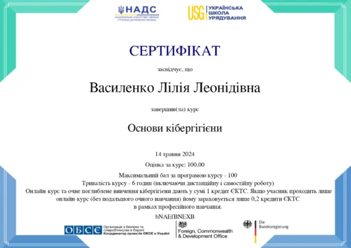 Сертифікат Василенко Лілія Леонідівна